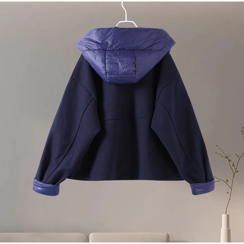 Description Picture 5 of itemZipper Panelled Women's Jackets With Hoodies Casual Drawstring Long Sleeved Jacket Female Autumn Winter Short Loose Outwear Tops