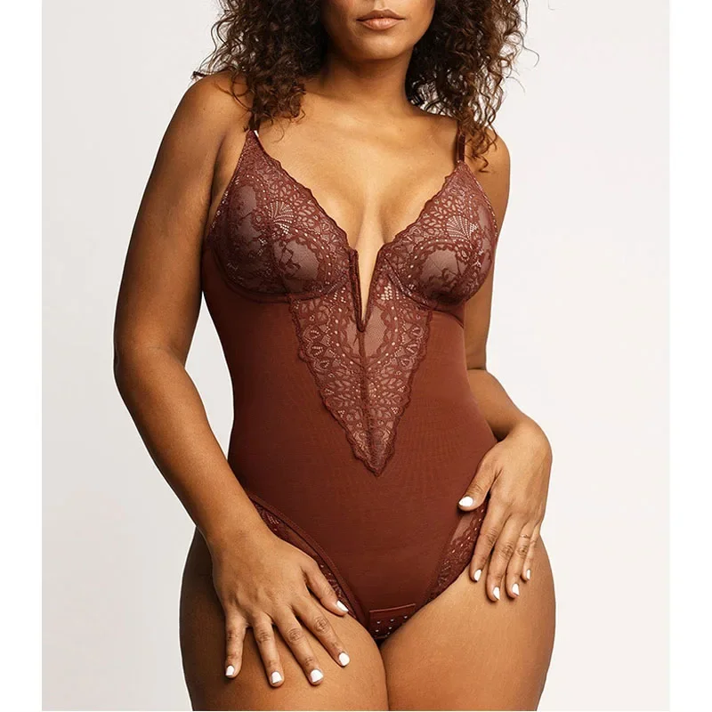thumbnail image 1 of Nuevo body moldeador de encaje para mujer, escote en V profundo, control de abdomen, camisetas sin mangas, traje de cuerpo, tangas esculpientes sin costuras, moldeador de cuerpo, 1 of 5