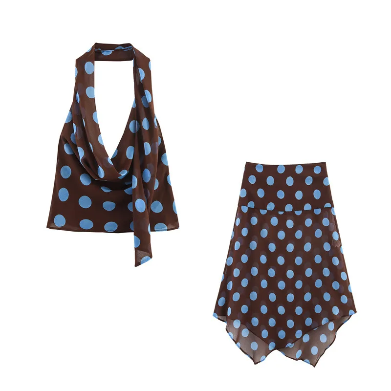 2025 summer new SCARF POLKA DOT HALTER TOP Brown Blue women's fashion sexy polka dot halter top skirt