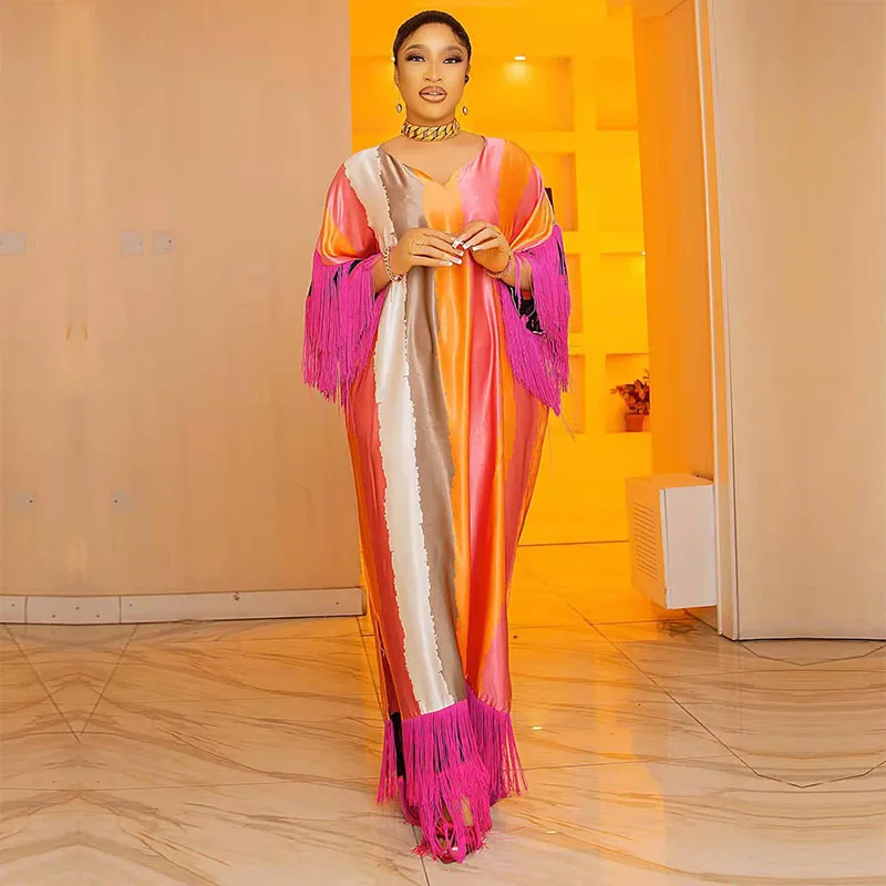 

Dashiki African Summer Dresses for Women Muslim Print Long Maxi Dress Silk With Tassel Ankara Style Fashion Robe Africaine Femme