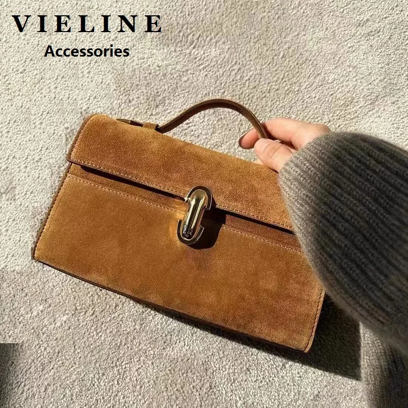 VIELINE New Luxury Women's Handbag Cowhide Leather Vintage Frosted Flap Small Square Bag Suede Leather Lady Purse