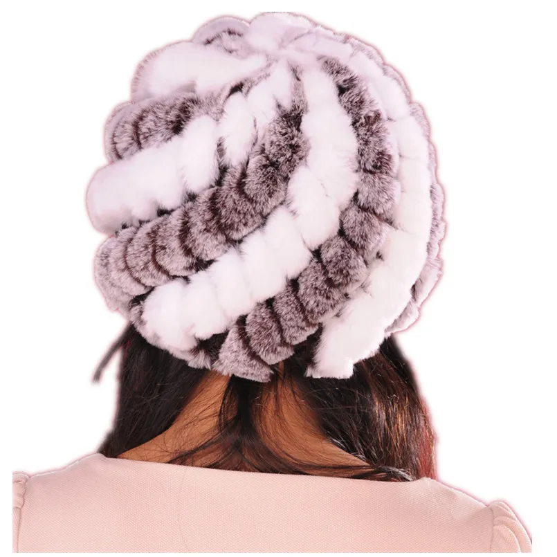 Echte Rex-Kaninchenfellmütze, modische Ananas-Mützen für Mama, handgefertigte gestrickte warme Winter-Kopfbedeckung – Detail 8