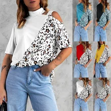 

Women Round Neck T-Shirt New Leopard Print Loose Pullover Short Sleeve Top Off-The-Shoulder Casual Tshirts Ladies Clothes 2022