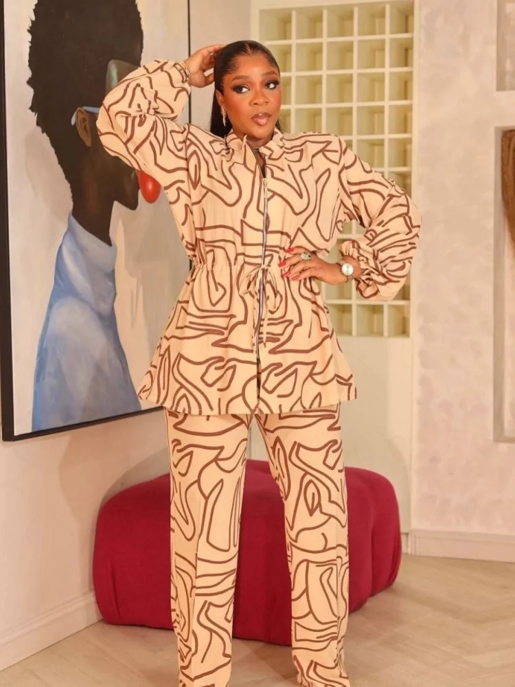 Wmstar Two Piece Set Women Wholesale Elegant Commuter Stand Up Collar Printed Drawstring Waist Cinching Long Sleeved 2025