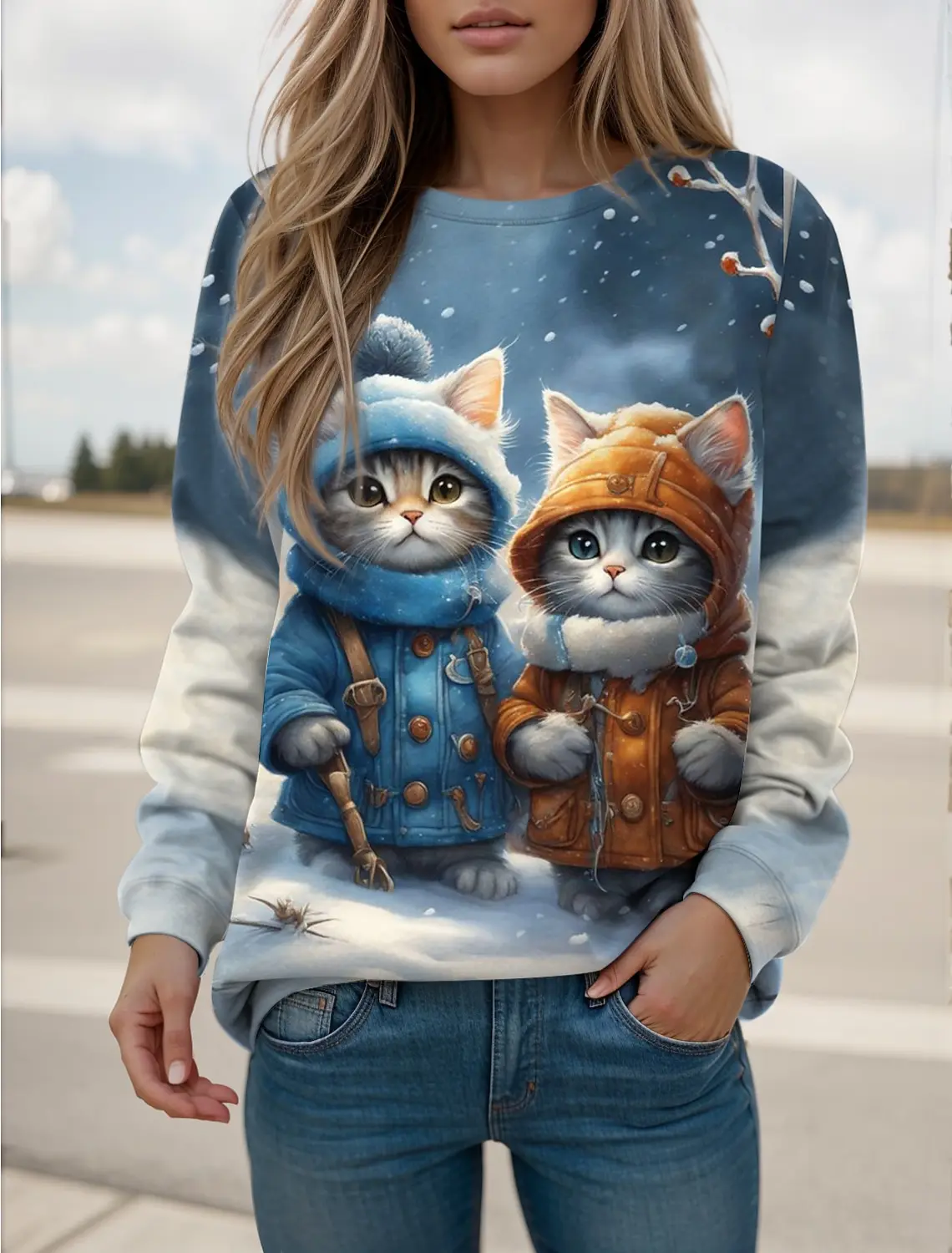 

Women's Christmas Sweater Kitten Snowman Vibrant Christmas Casual Round Neck Long Sleeve Top Slightly Stretchy Autumn and Winter