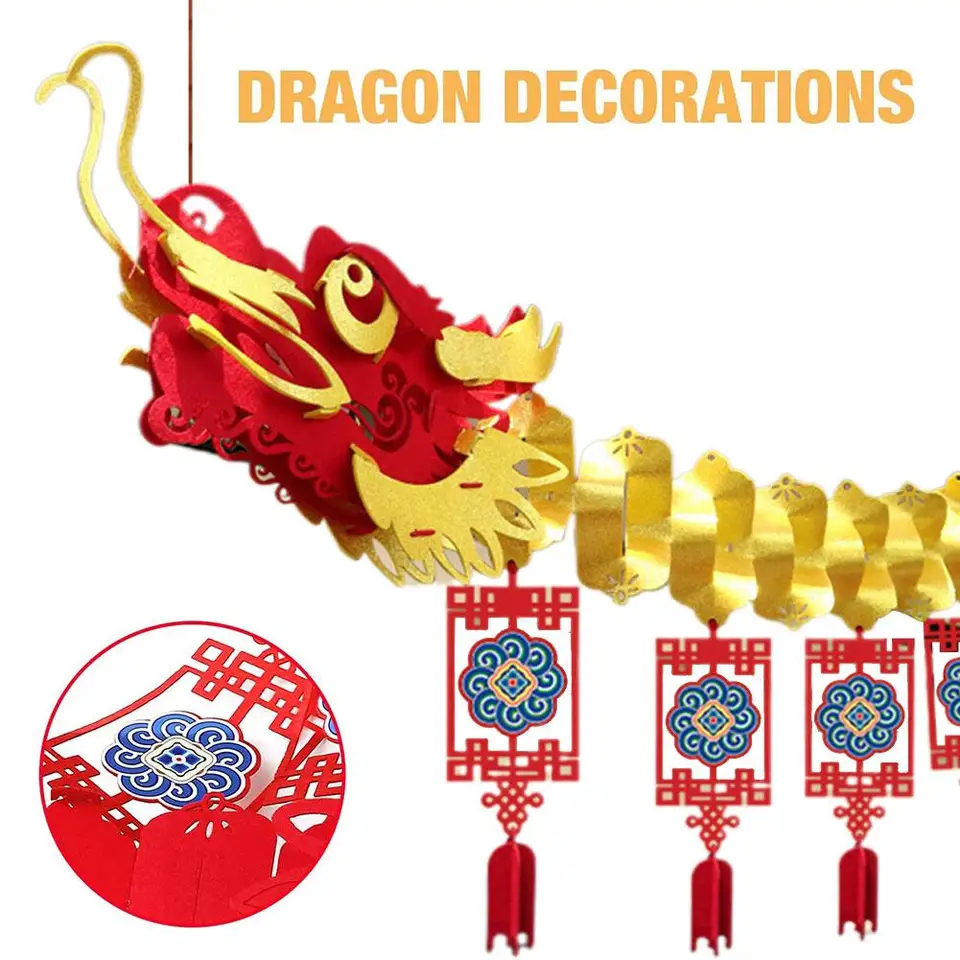 Set Decorazioni Capodanno Cinese 3D – 2 Draghi, 1 Palla E 10 Lanterne Rosse – 13 Pezzi