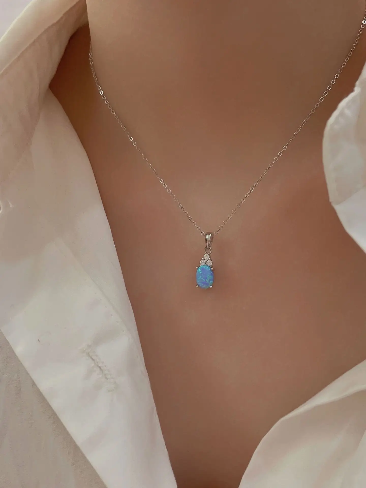 

S925 Silver Plated Blue Necklace Aubao Mini Collar Chain Temperament Women's European and American Personality New Style