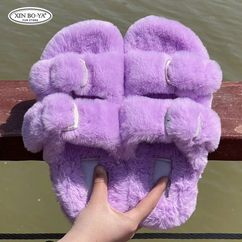 Winter Warm Flat Fur Slippers Women Faux Fur Fluffy Furry Home Slides Woman Comfort Non Slip Indoor Outdoor Shoes Women Slippers