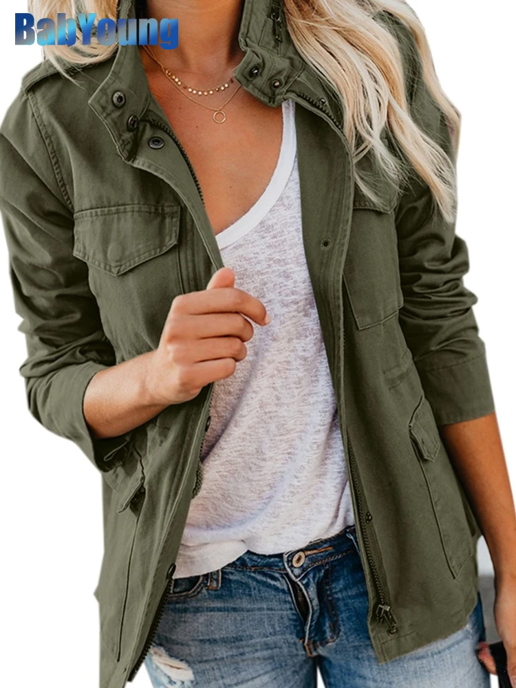 Chaqueta con cremallera para mujer, ropa de calle informal de manga larga, cortavientos, Anorak, chaquetas militares con cuello levantado, otoño