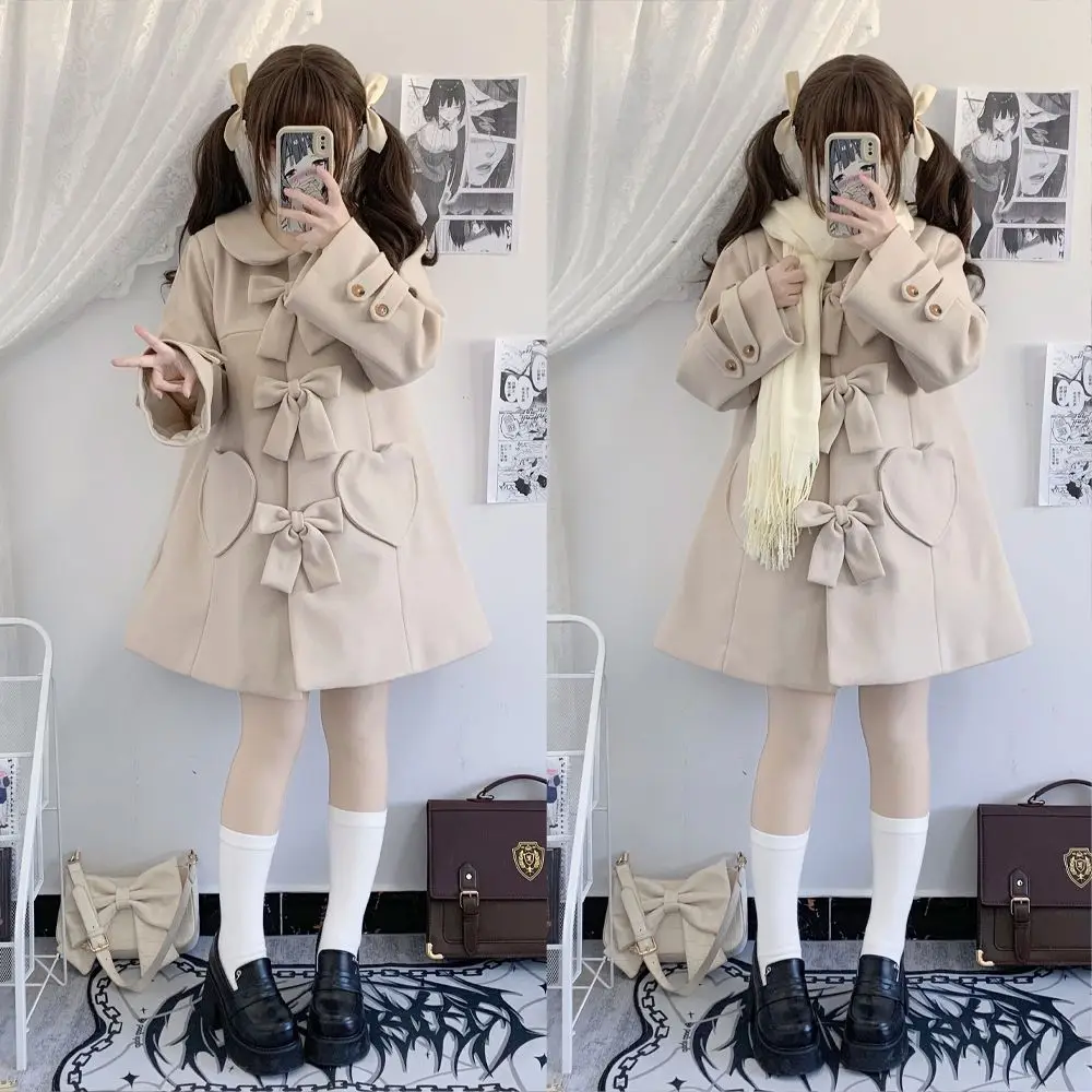 Japan JK Woolen Sweet Bow Coat Women Love Plush Spliced Fashion Navy Collar Academy Temperament Solid Loose College Winter