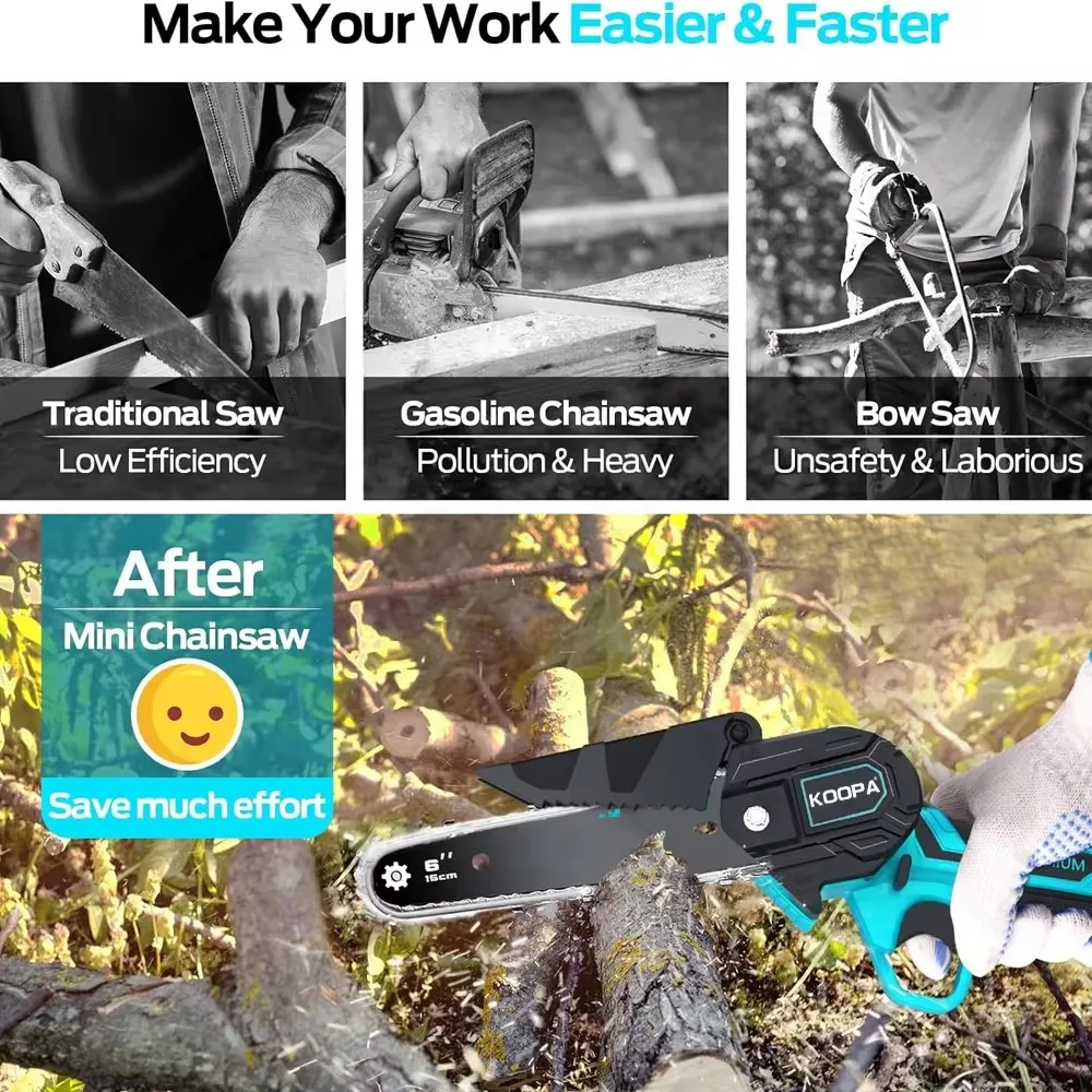 Koopa Tool 21V Mini Cordless 6-inch chainsaw,for 18V Makita battery, 0/1 2.0Ah battery-powered upgradeable handheld chain saw 6
