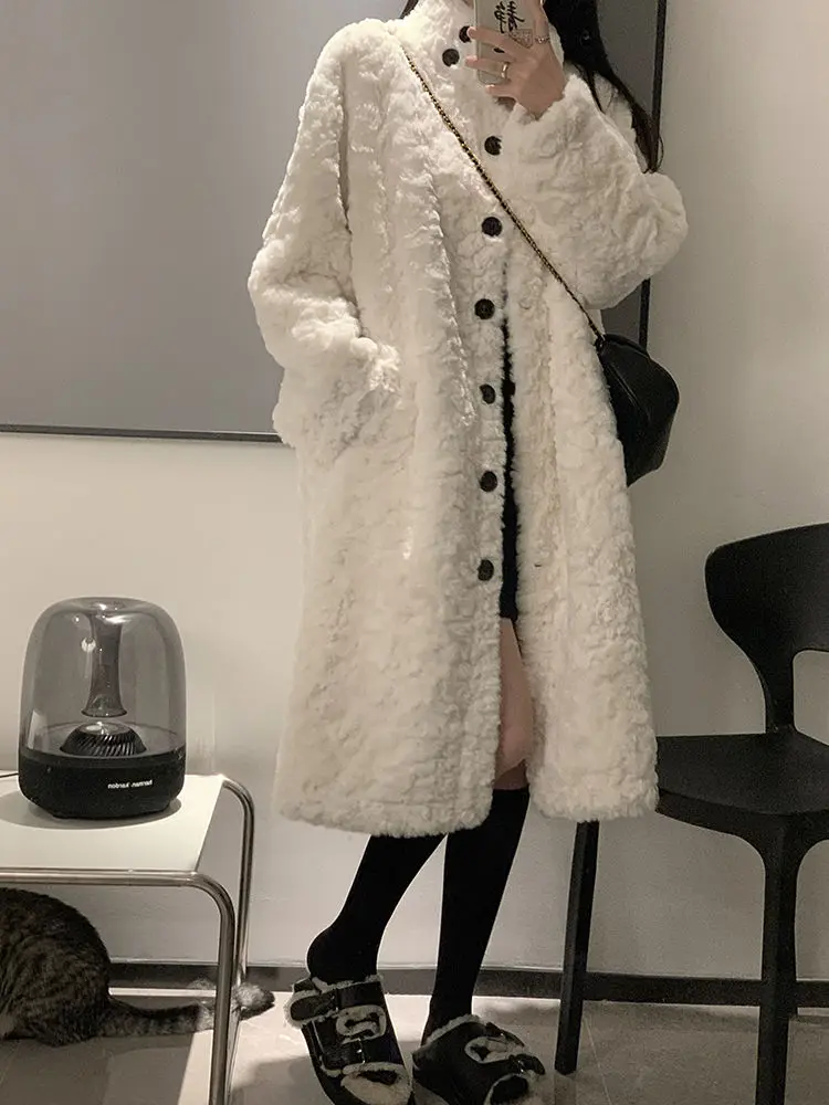 Winter Lambswool Coat Women Warm Faux Fur Jacket Thick Mid-length Fluffy Jacket Luxury Stand Collar Long Sleeve Overcoat Korean