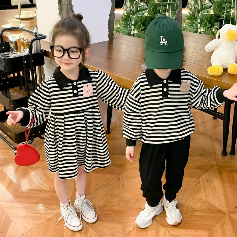 

Two Piece Sets Korean Childen Sister and Brother Matching Outfits Baby Girl Long Sleeve Dress Boys Top Pants Autumn Clothes2024