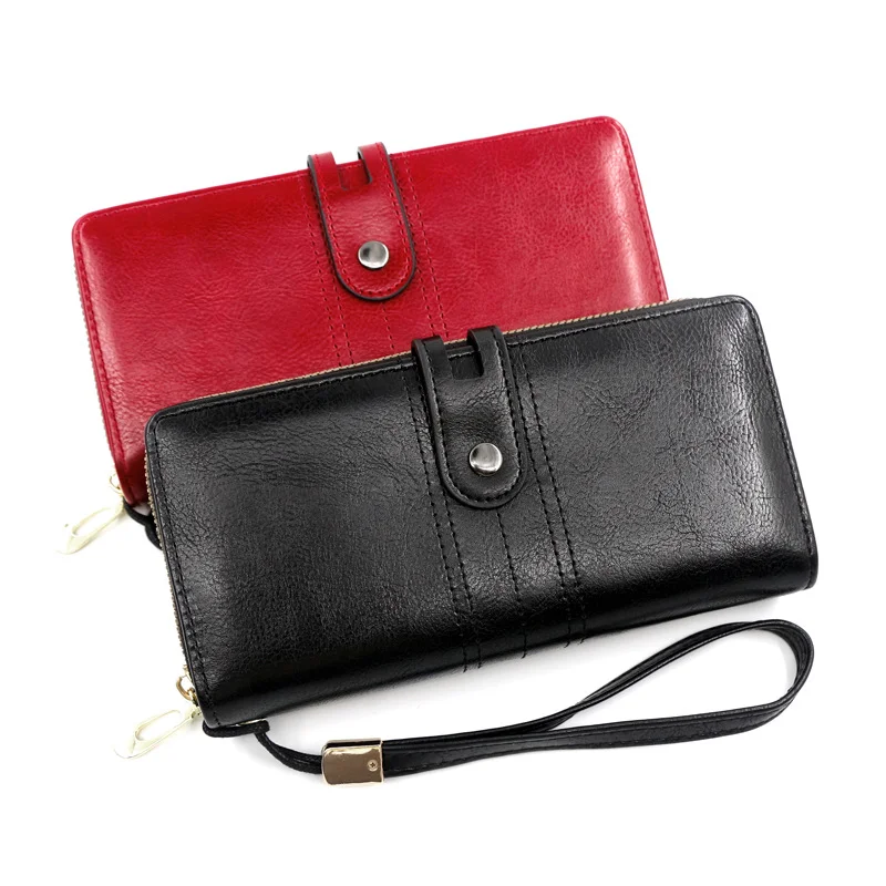 

Hot Vintage Solid Long Zipper Purses Hasp Multilayer Card Holder Portefeuille Oil Wax Genuine Leather Women Clutch Wallet Bag