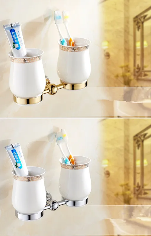 Stainless steel crystal gold toothbrush cup holder Ceramic two-cup bathroom storage rack pendant set