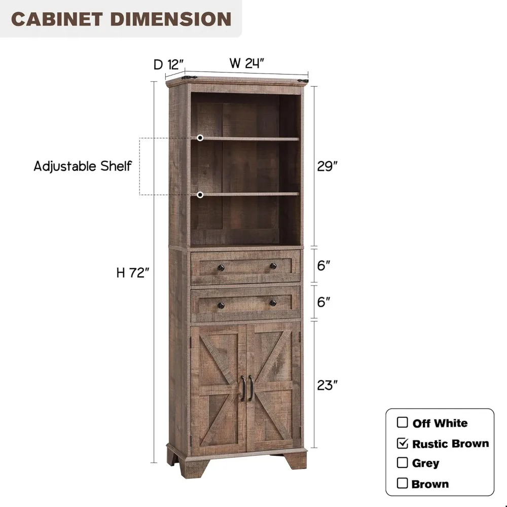Farmhouse Bathroom Cabinet, 72" Tall Bathroom Storage Cabinet with 2 Drawers, Adjustable Shelves & Barn Door