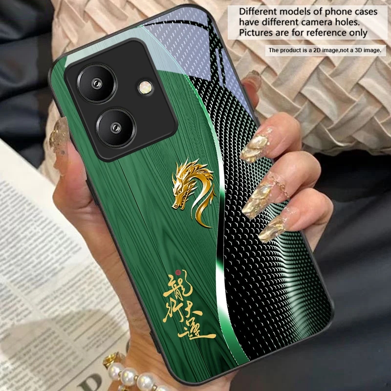 Elegant Black Tempered Glass Phone Case with Traditional Dragon Totem Design