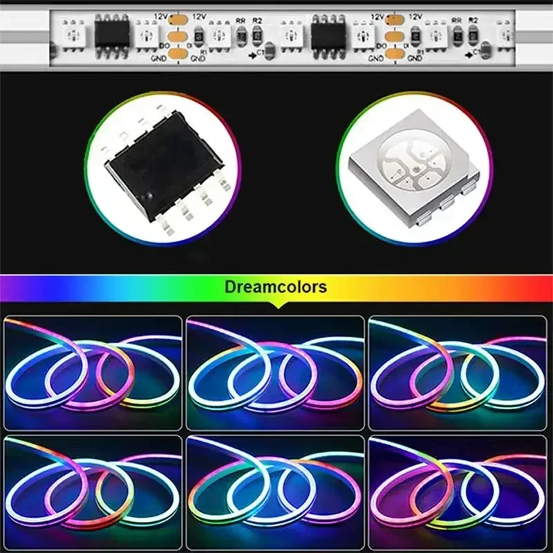 LED Strip Lights TUYA Neon Strip 5-24V Silicone Neon Rope 84LEDs/M Music Sync RGBIC Dreamcolor Chasing For Room