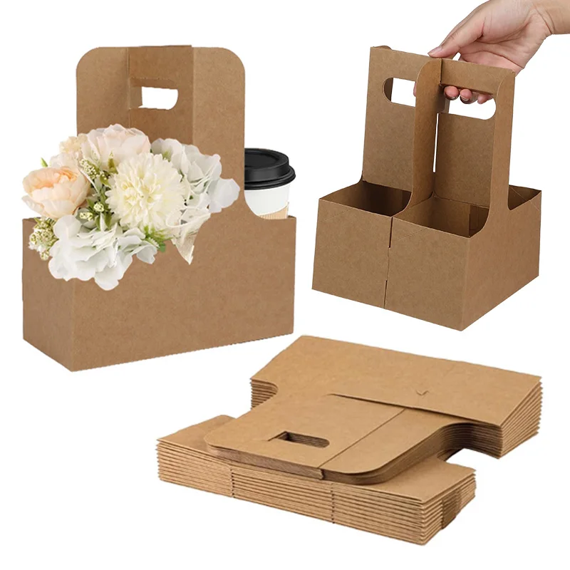 5/10pcs Kraft Paper Flower Bouquet Bags Portable Drink Coffee Take Out Holders Wedding Birthday Party Christmas Gift Packing Box