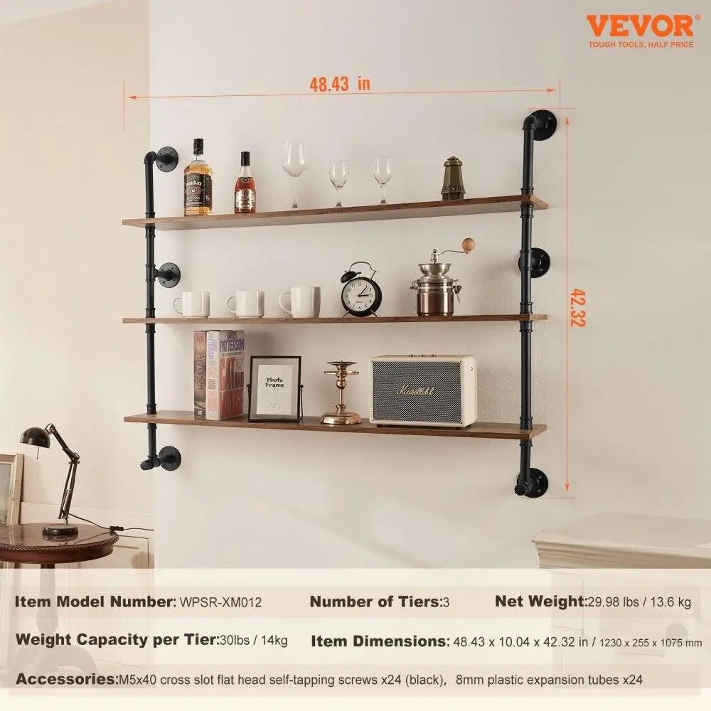Rustic Pipe Shelving 3 Tier 48 by 9.84 inches Wall Mount for kitchen and Bedroom Storage 2