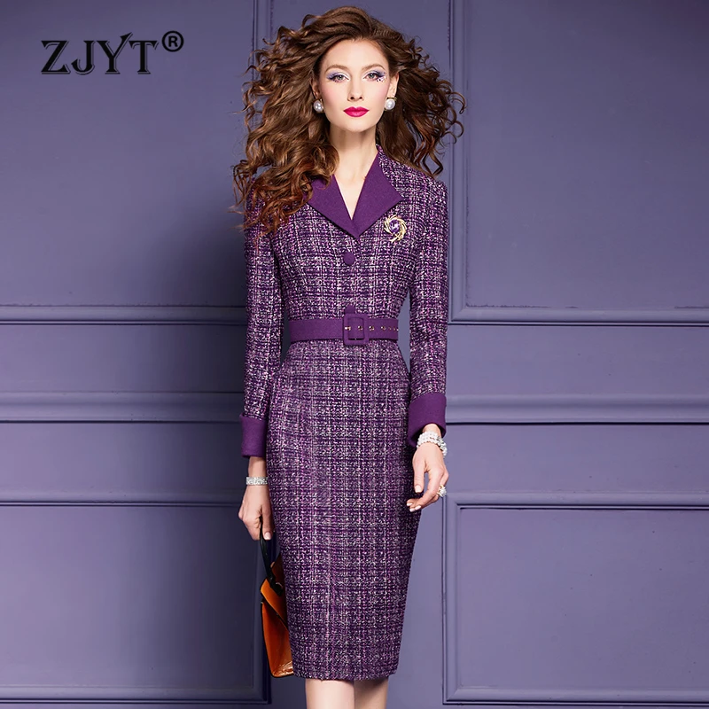 

ZJYT Designer Vintage Women Tweed Woolen Dress Plus Size Elegant Office Lady Pencil Dress Work Wear Party Business Chic Vestidos