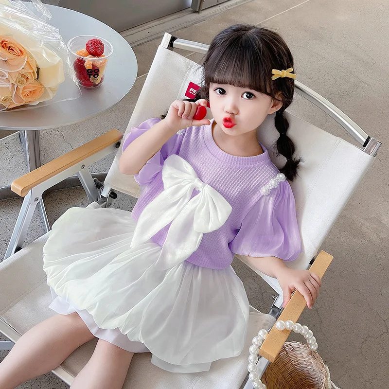 

Summer 2024 Children Girl 2PCS Clothes Set Cotton Bubble Short Sleeve Knotbow Top Suit Solid Puffy Skirt Shorts Baby Girl Outfit