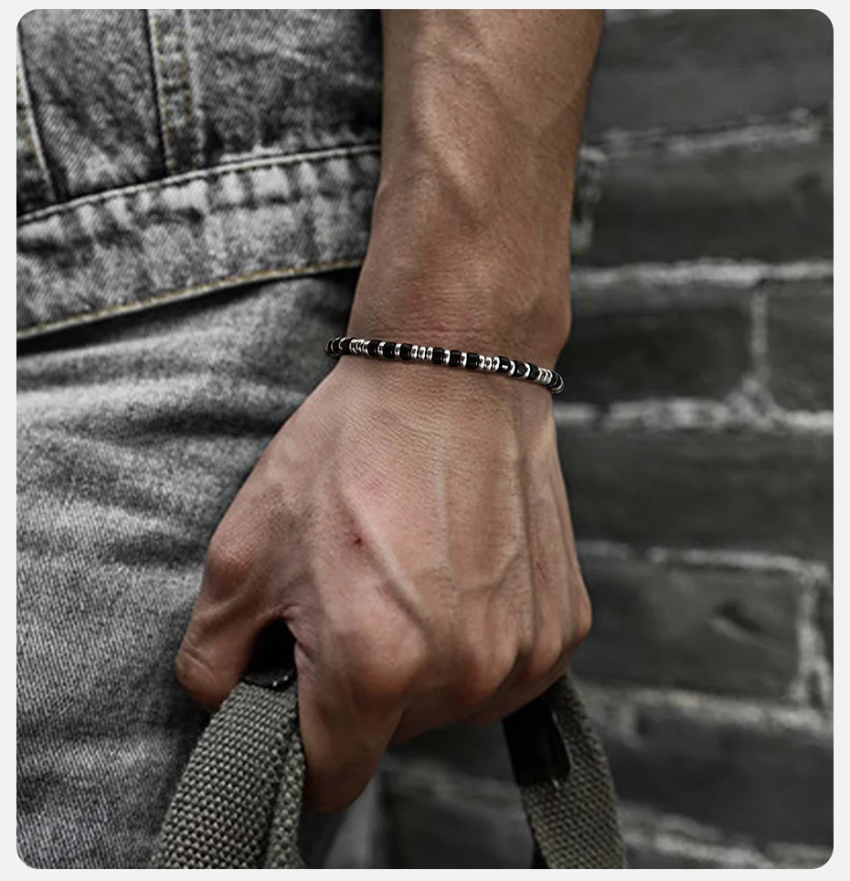 Vnox Herren-Armband aus silberfarbenen Metallperlen und Naturstein, verstellbares 15–20 cm großes Kristallrad-Perlenarmband, Schmuck, Geschenk, neu – Detail 3