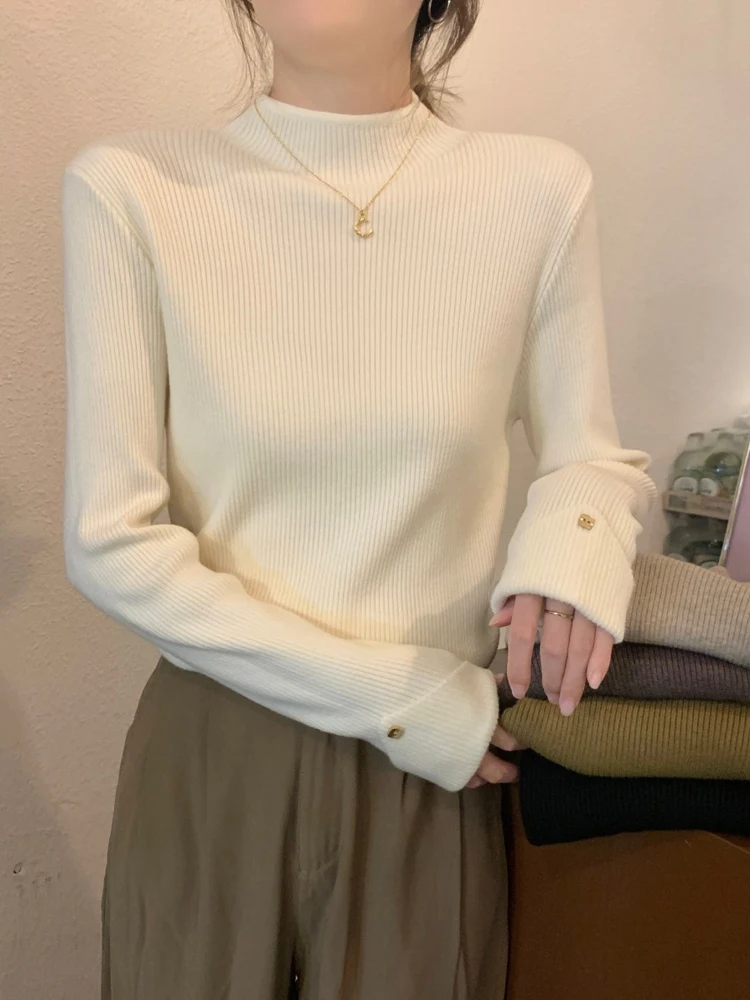 

2024 Women Solid Half High Collar Long Sleeved Knitted Bottoming Shirt Autumn Winter Casual Versatile Slim Simplicity Sweater