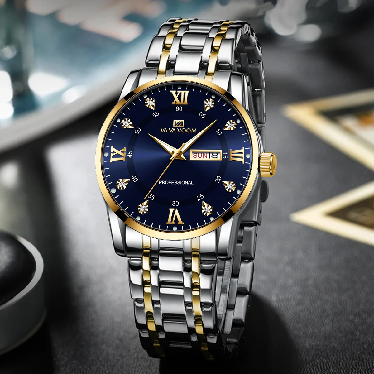 Luxury Mens Stainless Steel Hand Blue Gold Water Diamond Night Glow Weekly Calendar Movement  Free Shipping Fashion Quartz Watch