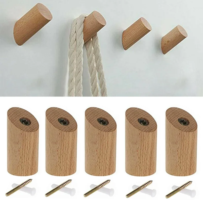 

5Pcs Natural Wood Clothes Hanger Wall Mounted Coat Hook Decorative Key Holder Hat Scarf Handbag Storage Hanger Bathroom Rack