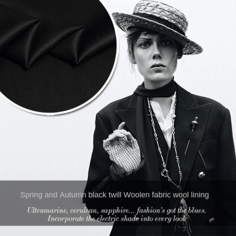 

Wool Fabric Pure Black Twill Worsted Material Spring Autumn Dress Suit Drape Fabrics European Brand Fashion Wholesale Cloth