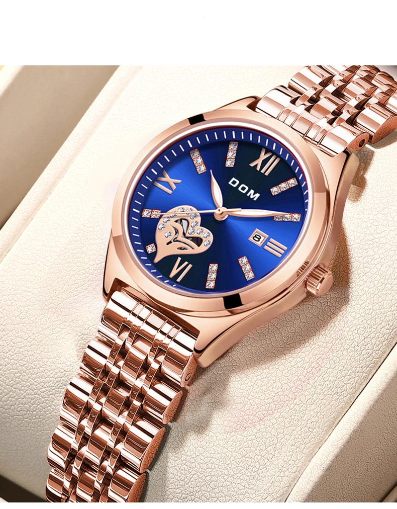 DOM Luxury Watch Fashion steel belt Watch Women's Casual Love Blue waterproof Women's Watch