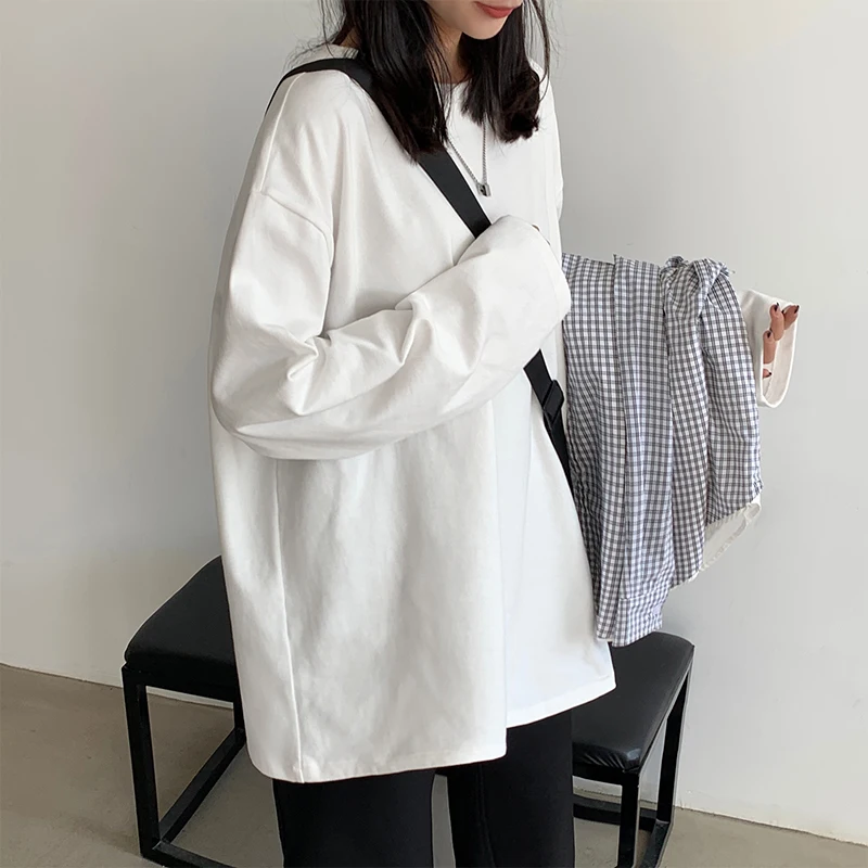 Women Autumn Casual Pure Color Cotton O Neck Shirt 1 main image 0