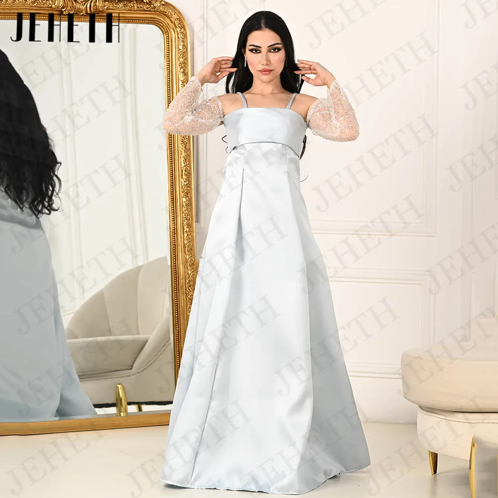 

JEHETH Sky Blue Saudi Arabic Evening Dresses Simple Satin A Line Dubai Off Shoulder Formal Prom Party Gowns Vestidos De Festa