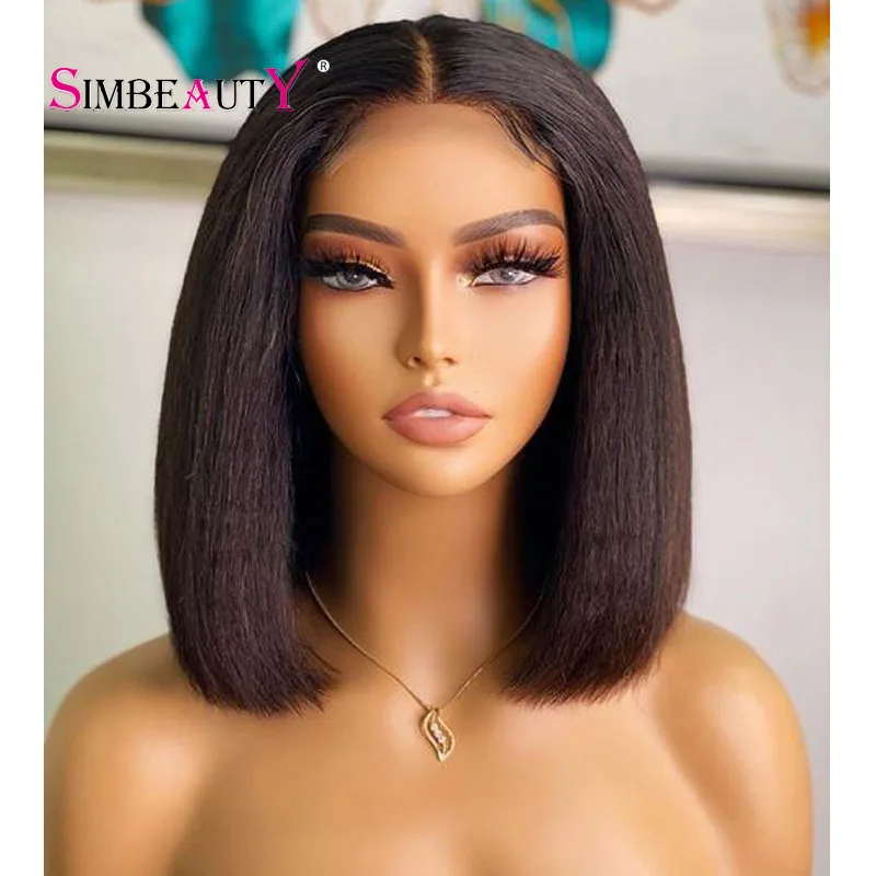 

Natural 1B Black Color 100% Short Bob Yaki Straight Human Hair Wigs with Natural Hairline Glueless Remy 13x6 Lace Front Wigs