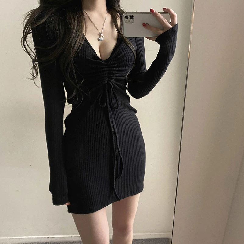 

Bodycon Long Sleeve Party Slim Dress Drawstring Women's Dress Knitting Evening Mini Dress Sexy Club Wear Tunic Frocks Dress 2022