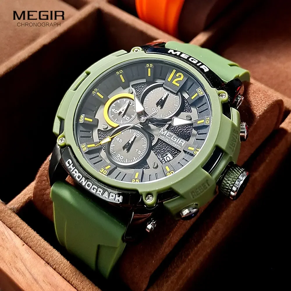 

MEGIR Watch for Men Olive Green Military Sport Chronograph Quartz Wristwatch with Auto Date Luminous hands Silicone Strap 2208