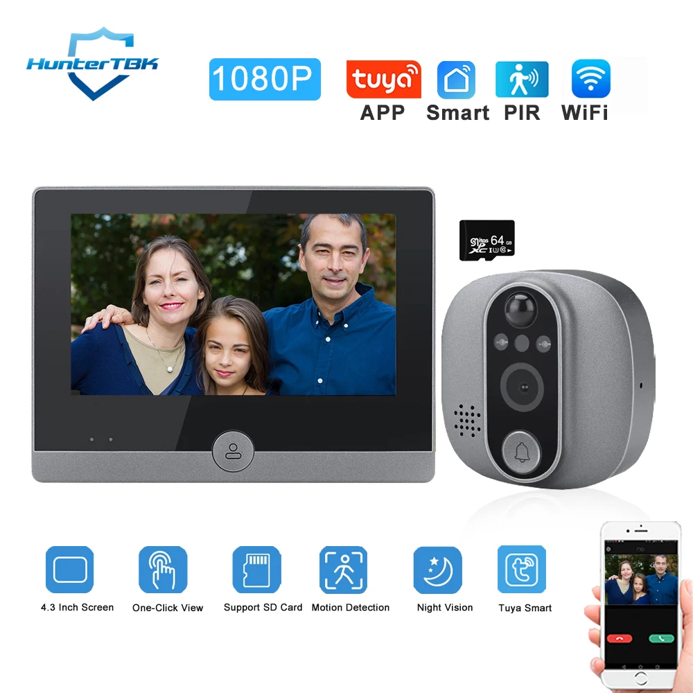 Wireless Tuya Smart 1080P WiFi Door Bell Peephole Camera Viewer