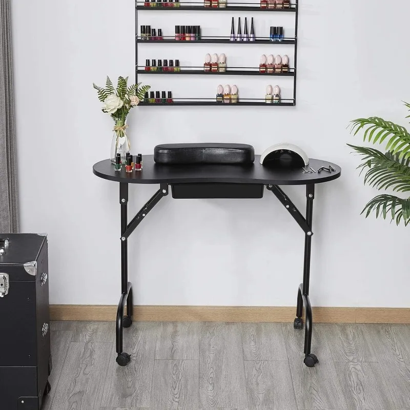 Manicure Table Nail Desk Workstation with Large Drawer/Client Wrist Pad/Controllable Wheels/Carrying Case