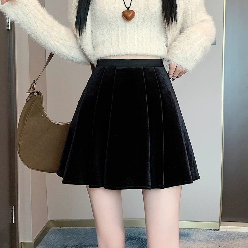 Skater Skirt Black Velvet Skirt Elastic Waist Fashion Streetwear