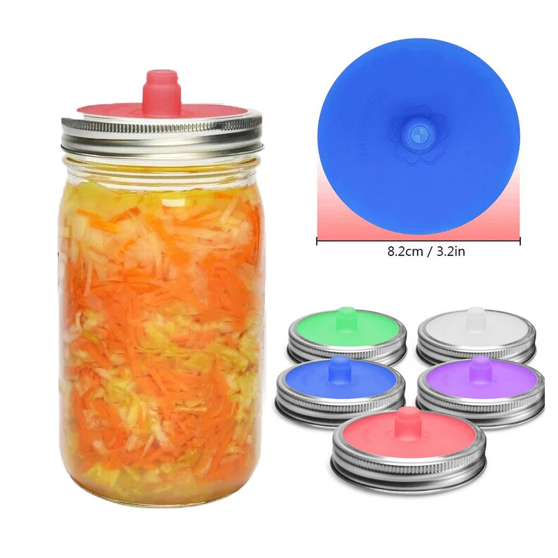 Silicone Waterless Fermenting Airlock Lids Covers Stainless Steel Band For Wide Mouth Mason Jar Sealed Lid Kitchen Supplies