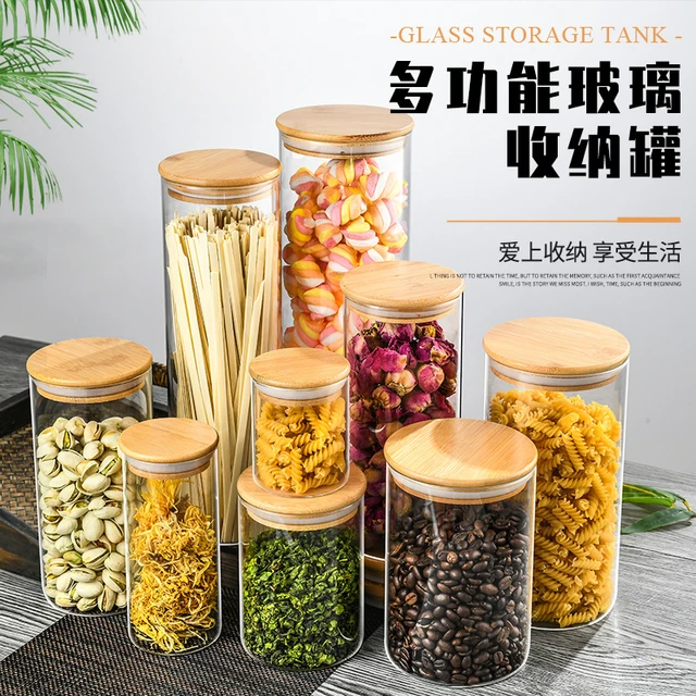 Bocal de rangement en verre avec couvercle en bois, récipient alimentaire  HI, organisateur de cuisine, café, grains, thé, sucre, bonbons, 700ml,  800ml, 1000ml - AliExpress