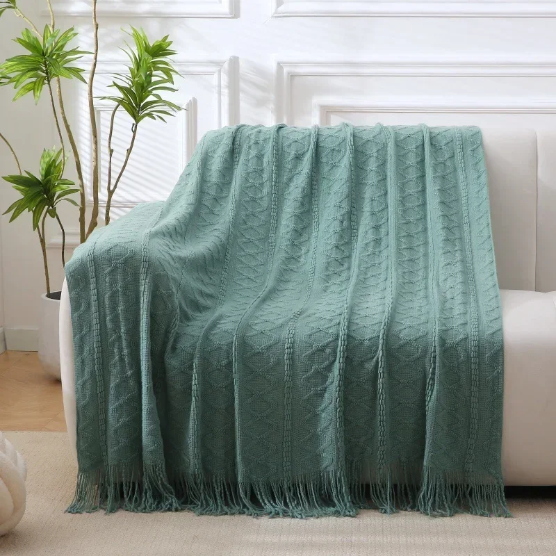Khaki Knitted Blanket Vintage Green Woven Towel Sofa Blanket Tassel Casual Large Soft Cozy Throw Bedspread Couch Cover Farmhouse 3
