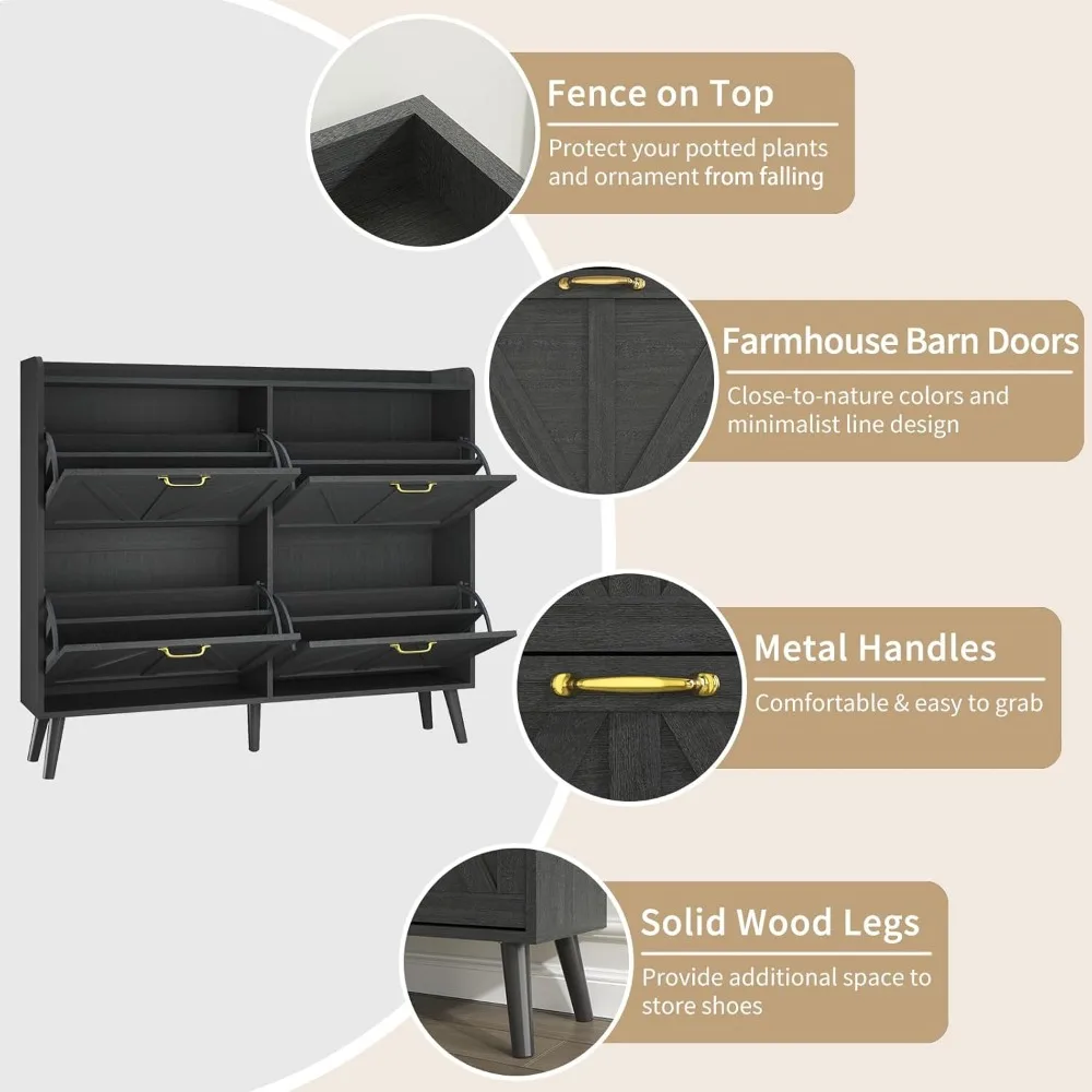Shoe Storage Cabinet with 4 Flip Drawers, Shoe Cabinet Storage for Entryway Slim, Freestanding Black Shoe Cabinet, Farmhouse 6