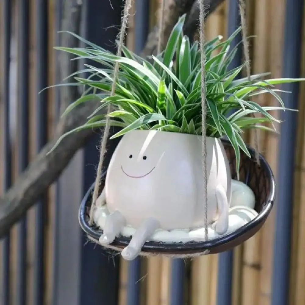 Fun Charming Plant Holder Adorable Smiling Face Hanging Swing Chair Planter Pot Uv-Resistant Indoor Outdoor Decorative Flowerpot