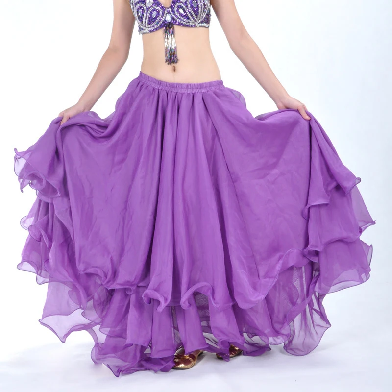 

14 colors 3 Layers Chiffon Roll-up Trim Belly Dance Skirt, Bellydance Top Quality Dancing Skirts, Long Gypsy Skirts VL-188