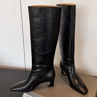 Women's genuine leather 5.5cm thin high heel square toe slip-on autumn knee high knight boots elegant ladies long boots shoes - Image 6