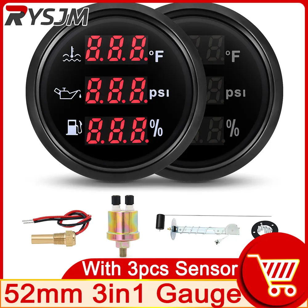 

52MM Fuel Level Gauge + Oil Pressure Gauge + Water Temperature Meter With Sensor Oil Level Gauge 240-33Ohm Fahrenheit PSI 3in1