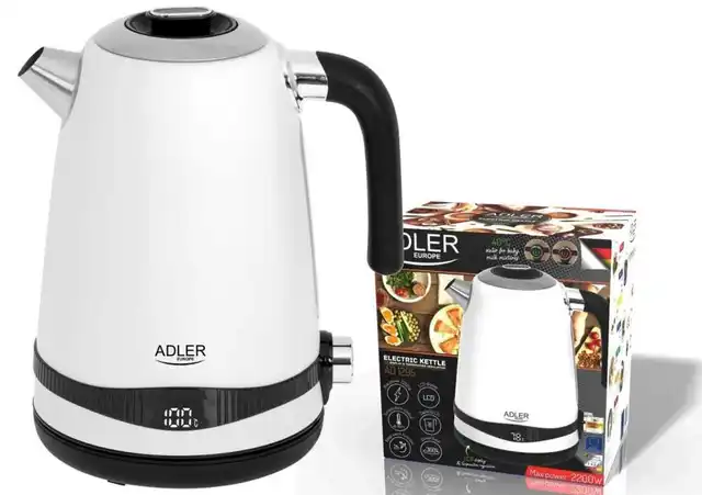 Bouilloire électrique Adler AD 1295 1,7 L en acier blanc avec contrôle de température LCD et fonction de maintien au chaud 1