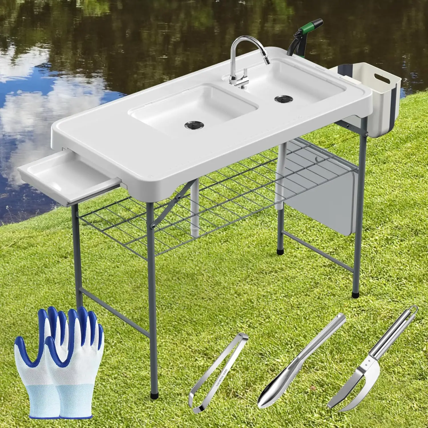 Cleaning Table with Sink 42.6" Width Portable Folding Camping Table with Measure Mark|Outdoor Fish Cleaning Station with Gr
